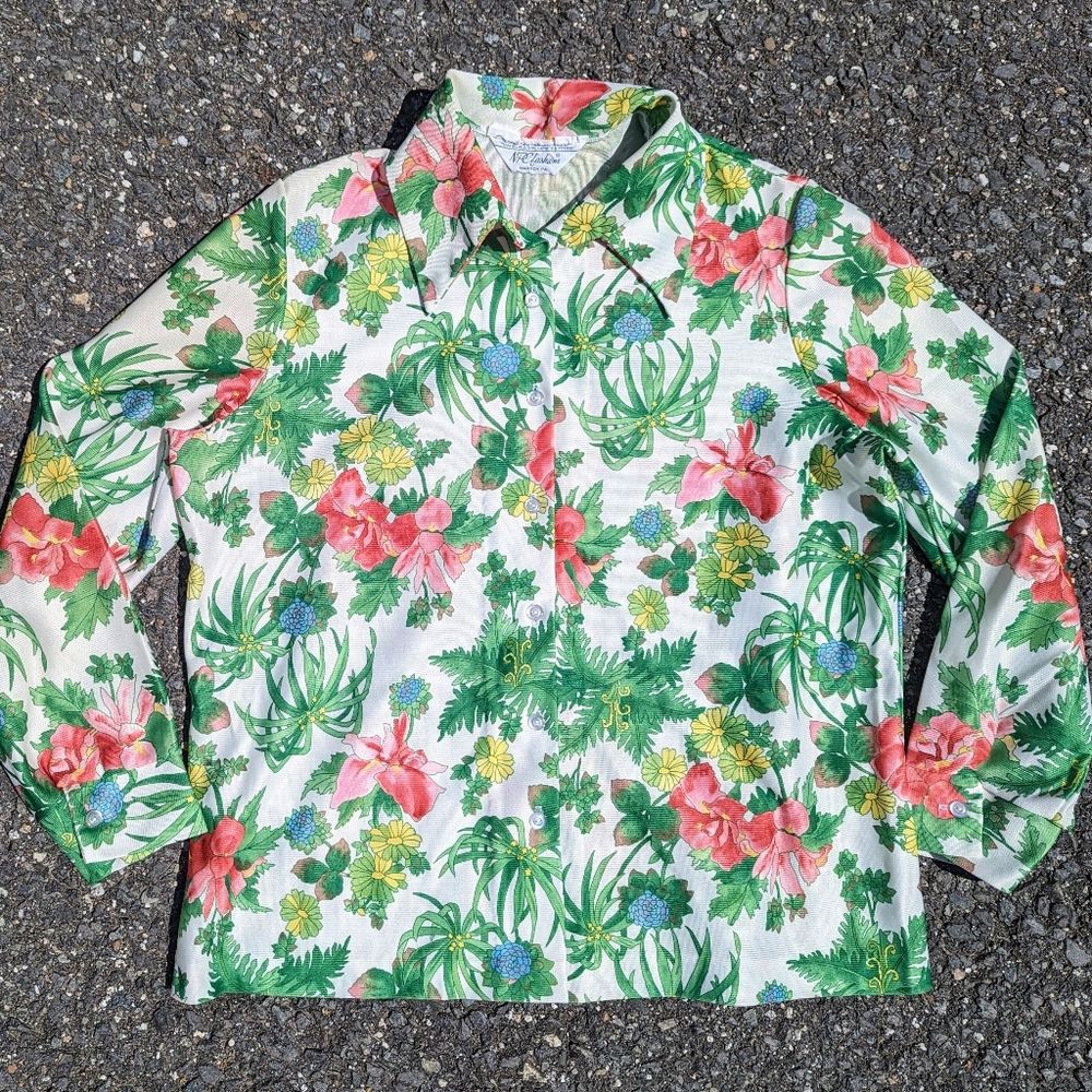 Vintage Green Pink Floral Print Polyester Button Down Shirt L Retro Boho